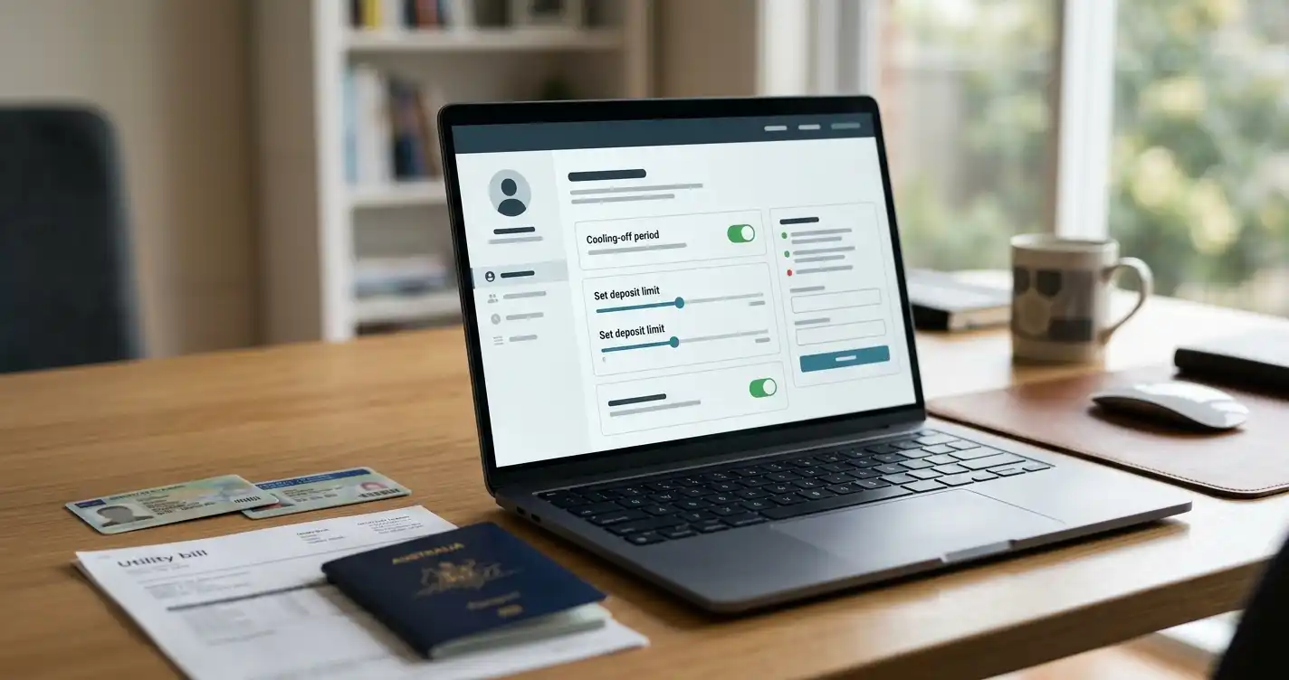 Account settings screen beside identity documents and deposit-limit controls
