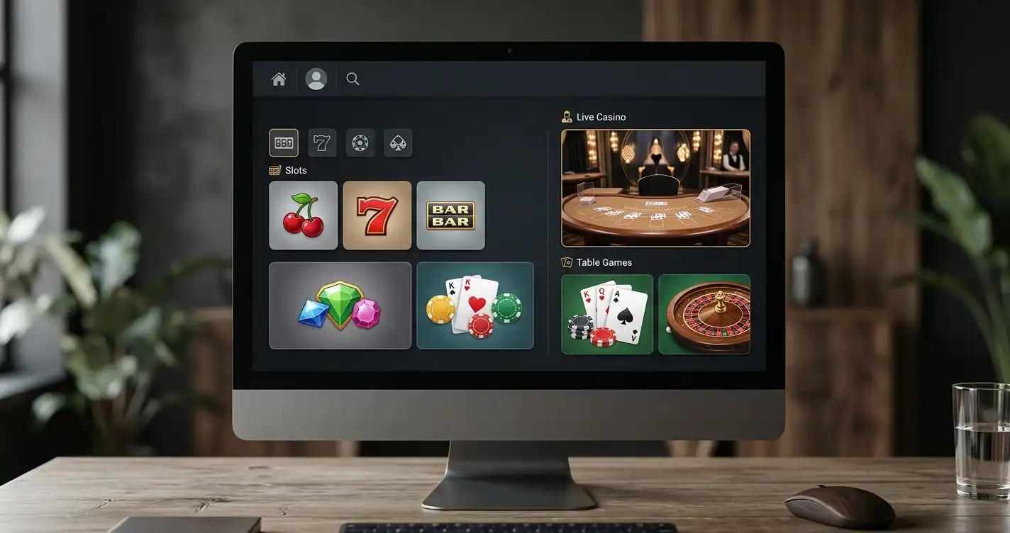 Casino game lobby with slot tiles, live dealer tables and card game categories