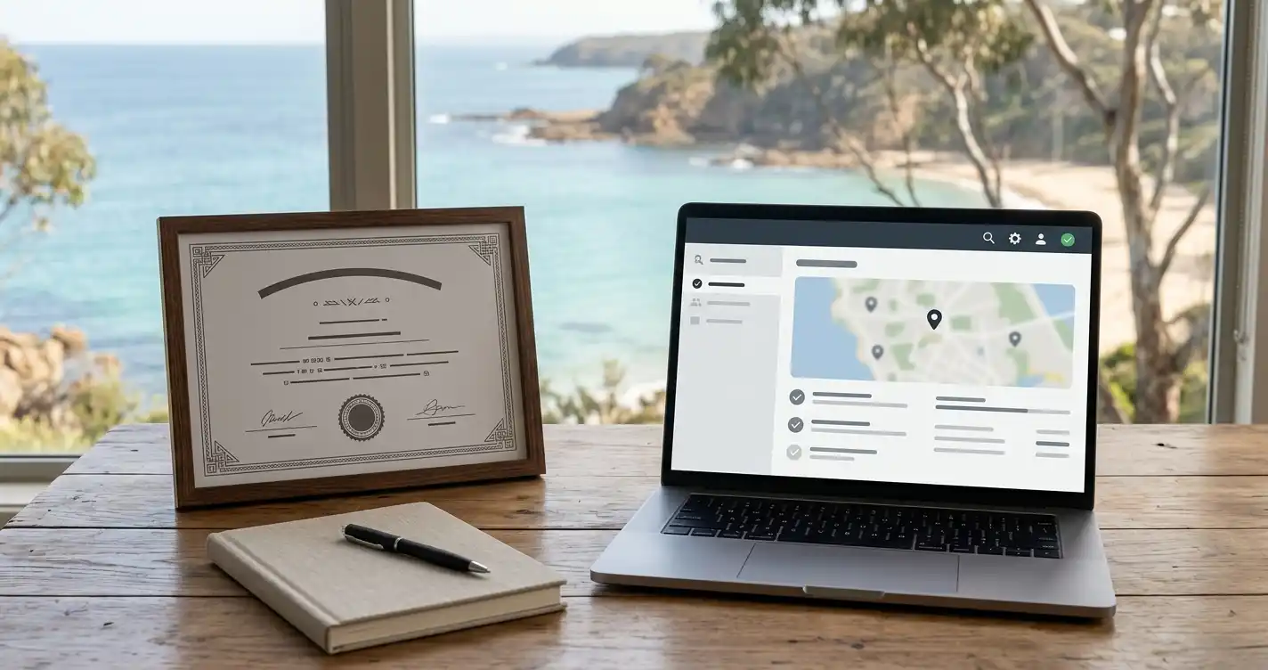 Regulatory certificate beside a laptop showing a neutral domain-check screen