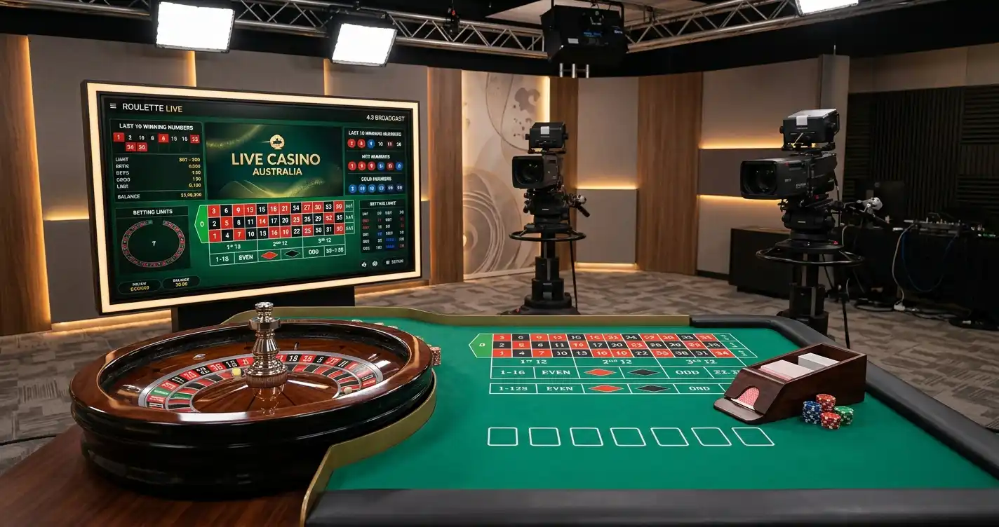 Live dealer studio with card table, roulette wheel and video broadcast equipment