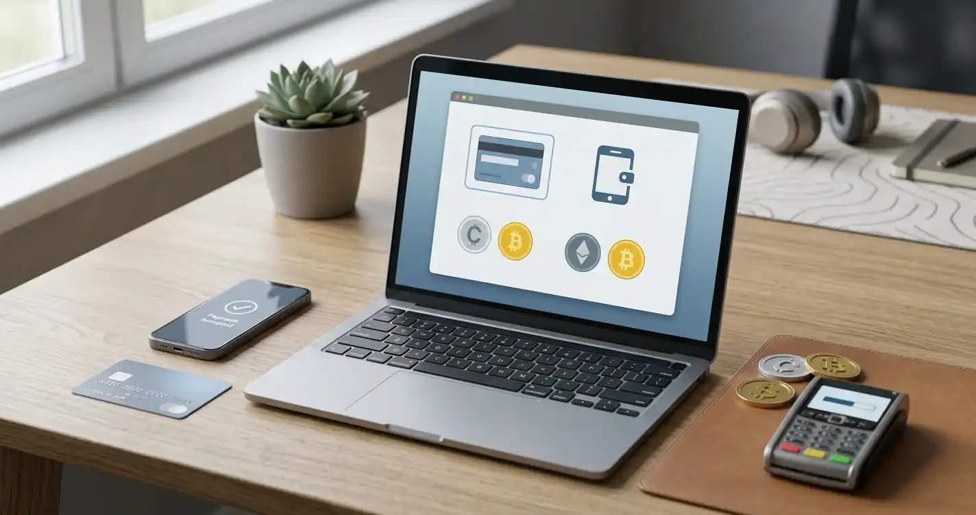 Bank card, digital wallet and cryptocurrency symbols arranged beside a payment screen