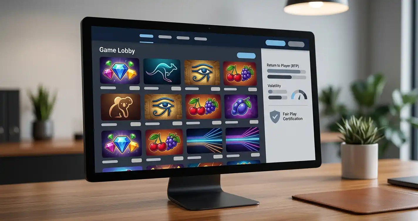 Slot game selection screen with reel symbols and a separate RTP information panel